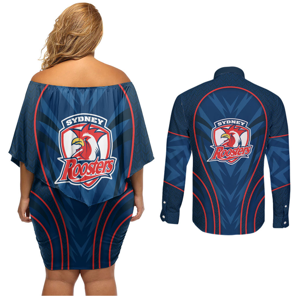 Sydney Roosters Rugby Mascot Couples Matching Off Shoulder Short Dress and Long Sleeve Button Shirt Australian Rugby Culture - Tribal Inspired Rooster