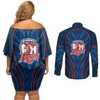 Sydney Roosters Rugby Mascot Couples Matching Off Shoulder Short Dress and Long Sleeve Button Shirt Australian Rugby Culture - Tribal Inspired Rooster