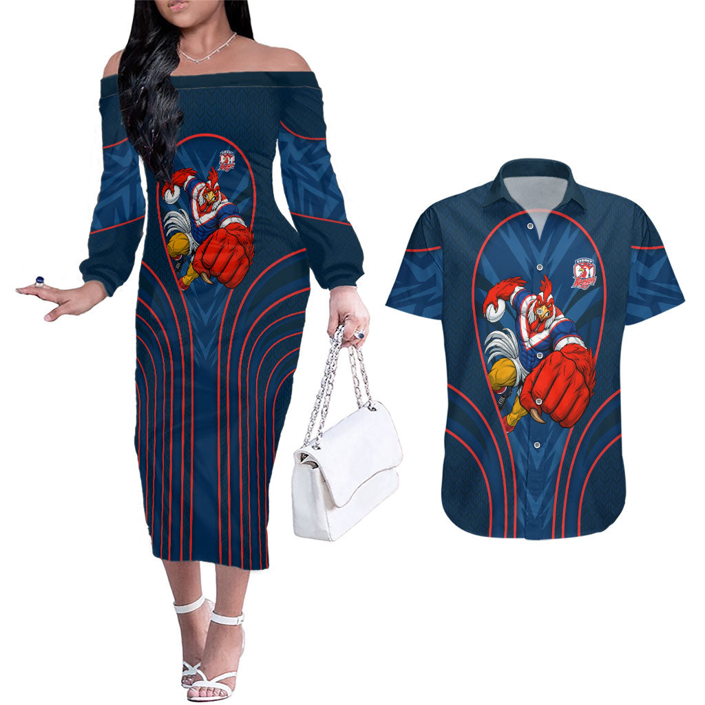 Sydney Roosters Rugby Mascot Couples Matching Off The Shoulder Long Sleeve Dress and Hawaiian Shirt Australian Rugby Culture - Tribal Inspired Rooster