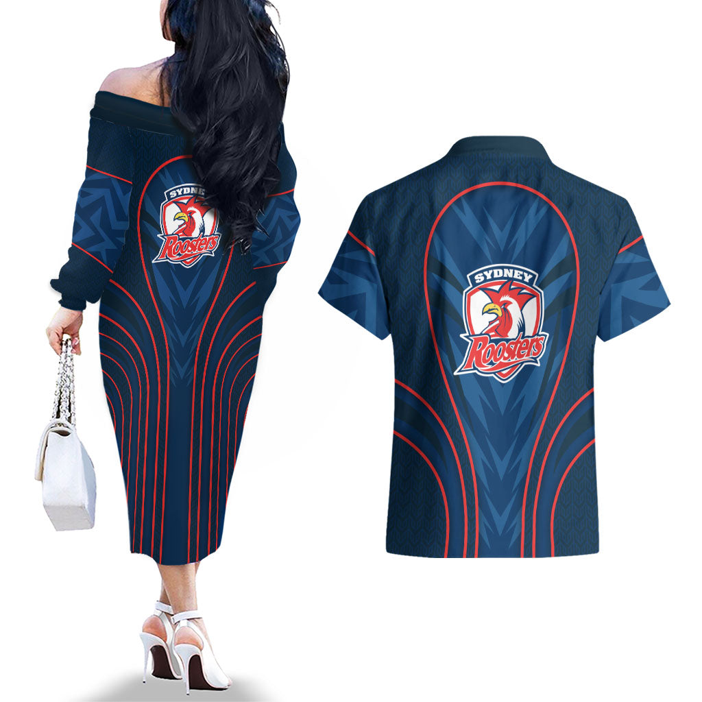 Sydney Roosters Rugby Mascot Couples Matching Off The Shoulder Long Sleeve Dress and Hawaiian Shirt Australian Rugby Culture - Tribal Inspired Rooster