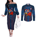 Sydney Roosters Rugby Mascot Couples Matching Off The Shoulder Long Sleeve Dress and Long Sleeve Button Shirt Australian Rugby Culture - Tribal Inspired Rooster