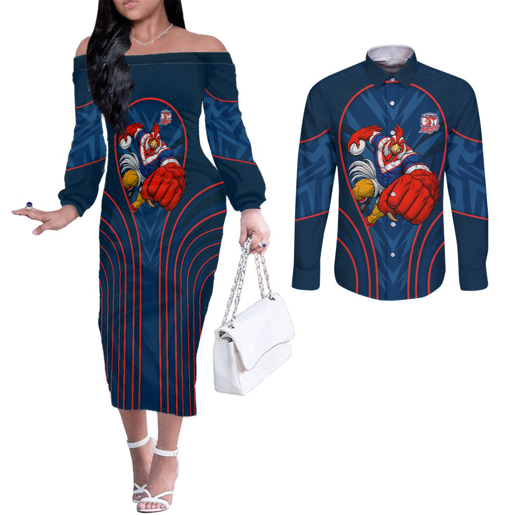 Sydney Roosters Rugby Mascot Couples Matching Off The Shoulder Long Sleeve Dress and Long Sleeve Button Shirt Australian Rugby Culture - Tribal Inspired Rooster