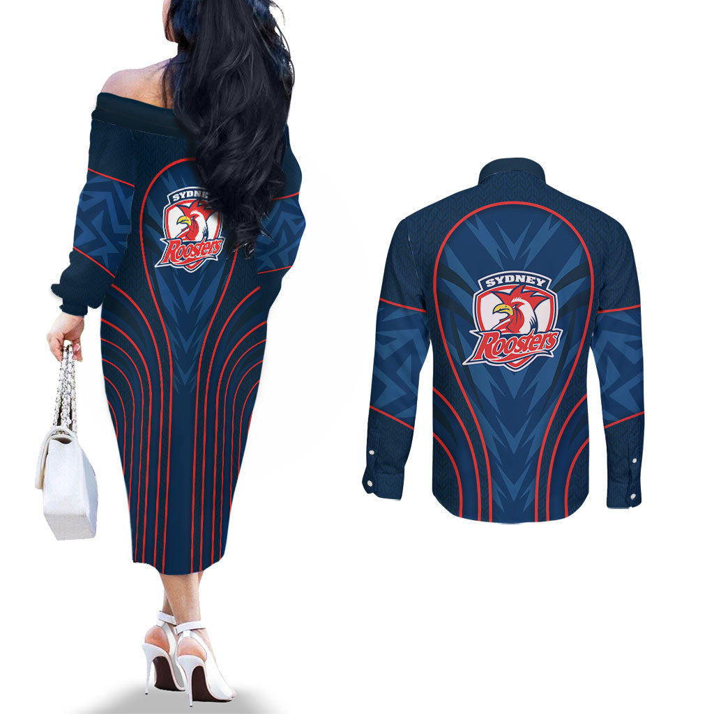 Sydney Roosters Rugby Mascot Couples Matching Off The Shoulder Long Sleeve Dress and Long Sleeve Button Shirt Australian Rugby Culture - Tribal Inspired Rooster