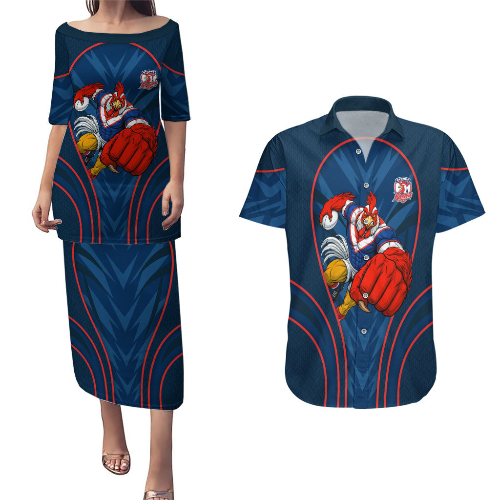 Sydney Roosters Rugby Mascot Couples Matching Puletasi and Hawaiian Shirt Australian Rugby Culture - Tribal Inspired Rooster