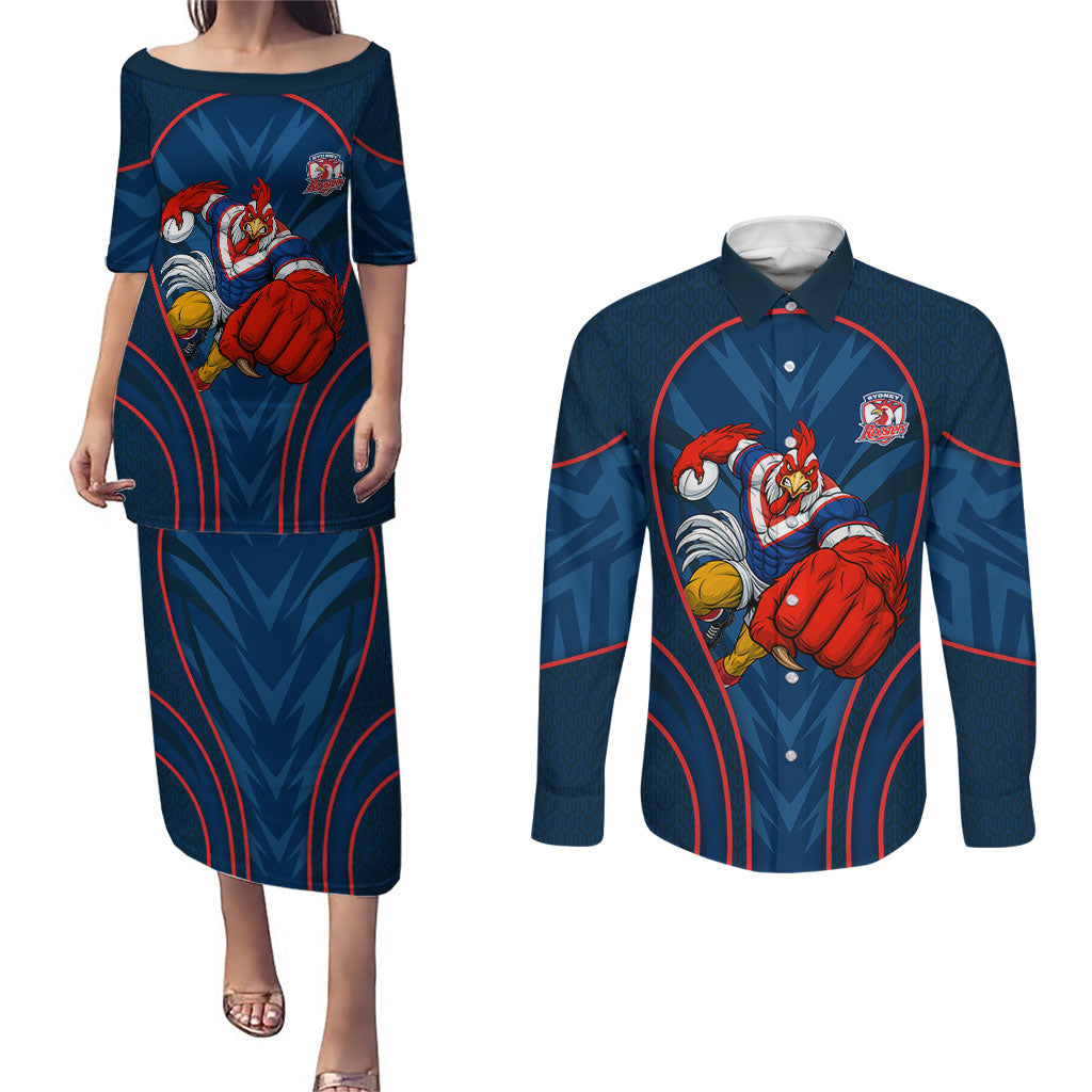 Sydney Roosters Rugby Mascot Couples Matching Puletasi and Long Sleeve Button Shirt Australian Rugby Culture - Tribal Inspired Rooster