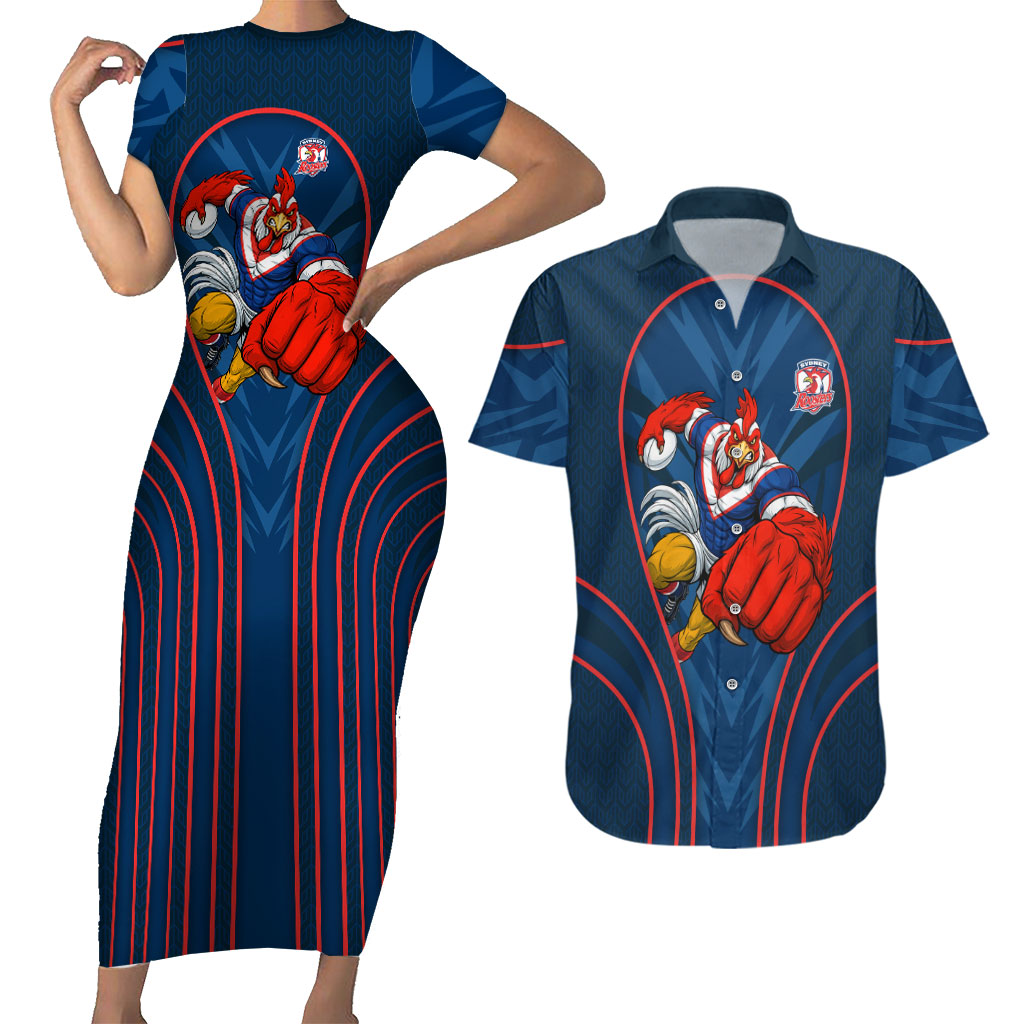 Sydney Roosters Rugby Mascot Couples Matching Short Sleeve Bodycon Dress and Hawaiian Shirt Australian Rugby Culture - Tribal Inspired Rooster