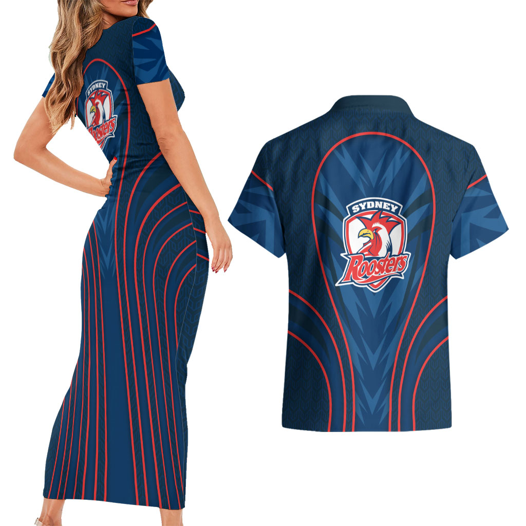 Sydney Roosters Rugby Mascot Couples Matching Short Sleeve Bodycon Dress and Hawaiian Shirt Australian Rugby Culture - Tribal Inspired Rooster