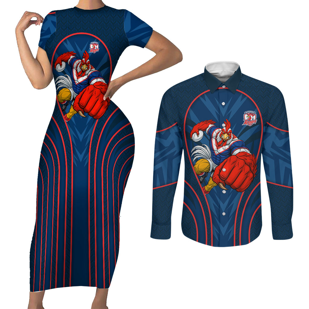 Sydney Roosters Rugby Mascot Couples Matching Short Sleeve Bodycon Dress and Long Sleeve Button Shirt Australian Rugby Culture - Tribal Inspired Rooster