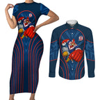 Sydney Roosters Rugby Mascot Couples Matching Short Sleeve Bodycon Dress and Long Sleeve Button Shirt Australian Rugby Culture - Tribal Inspired Rooster