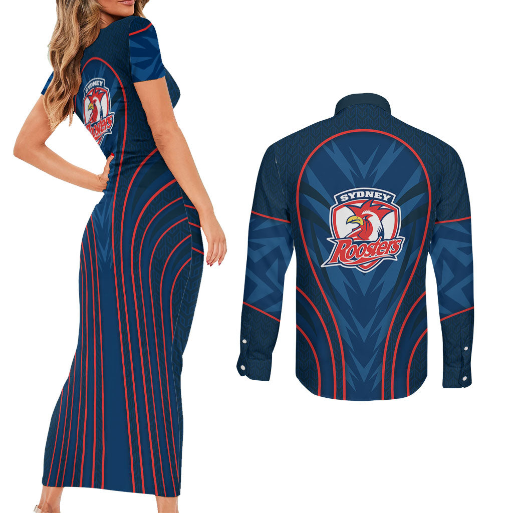 Sydney Roosters Rugby Mascot Couples Matching Short Sleeve Bodycon Dress and Long Sleeve Button Shirt Australian Rugby Culture - Tribal Inspired Rooster