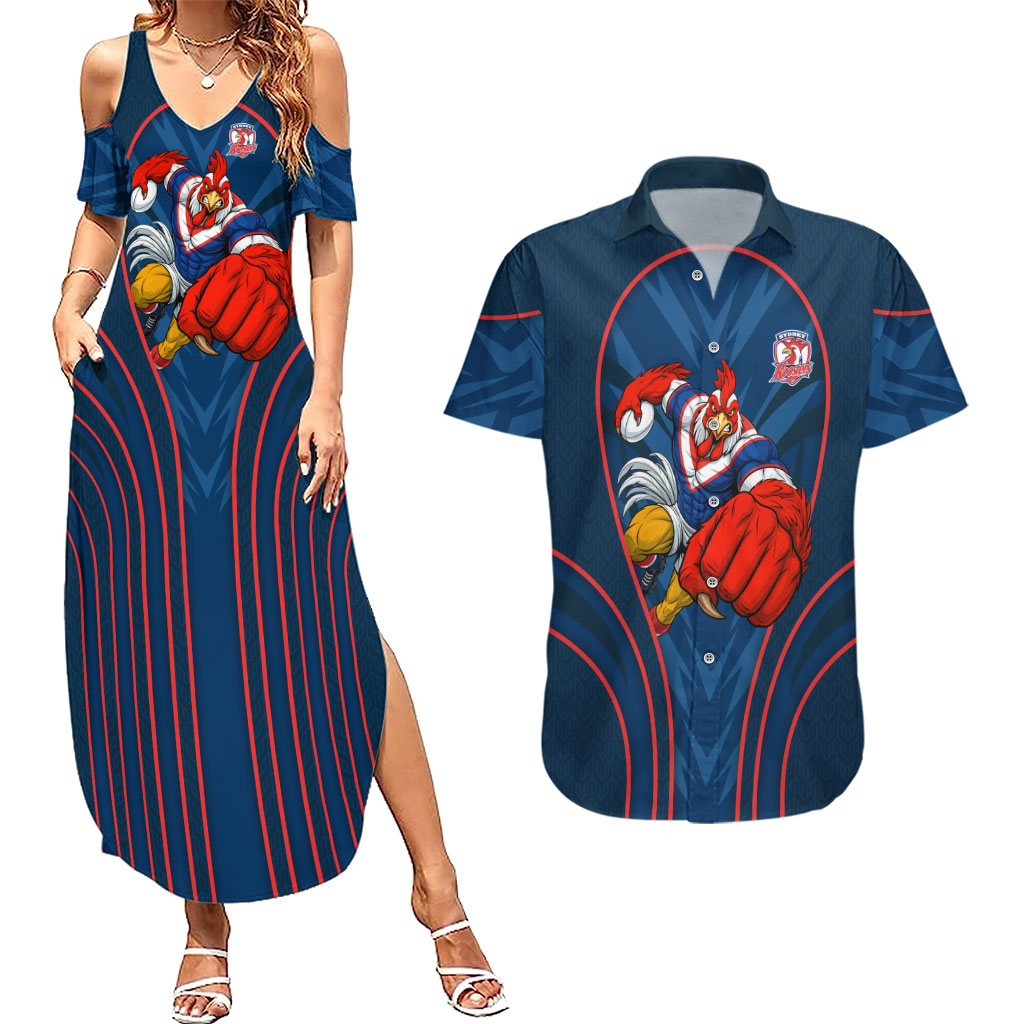 Sydney Roosters Rugby Mascot Couples Matching Summer Maxi Dress and Hawaiian Shirt Australian Rugby Culture - Tribal Inspired Rooster