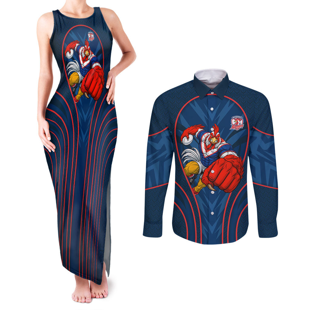 Sydney Roosters Rugby Mascot Couples Matching Tank Maxi Dress and Long Sleeve Button Shirt Australian Rugby Culture - Tribal Inspired Rooster