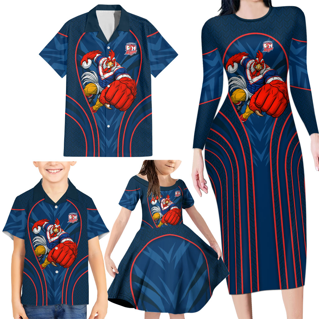 Sydney Roosters Rugby Mascot Family Matching Long Sleeve Bodycon Dress and Hawaiian Shirt Australian Rugby Culture - Tribal Inspired Rooster