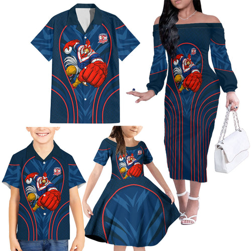Sydney Roosters Rugby Mascot Family Matching Off The Shoulder Long Sleeve Dress and Hawaiian Shirt Australian Rugby Culture - Tribal Inspired Rooster
