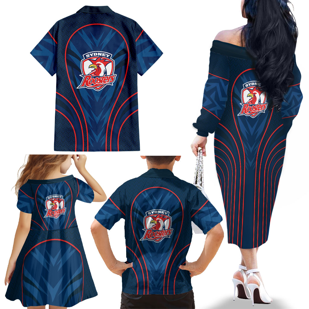 Sydney Roosters Rugby Mascot Family Matching Off The Shoulder Long Sleeve Dress and Hawaiian Shirt Australian Rugby Culture - Tribal Inspired Rooster