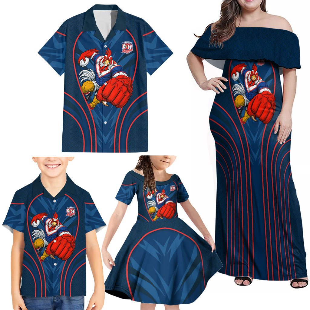 Sydney Roosters Rugby Mascot Family Matching Off Shoulder Maxi Dress and Hawaiian Shirt Australian Rugby Culture - Tribal Inspired Rooster