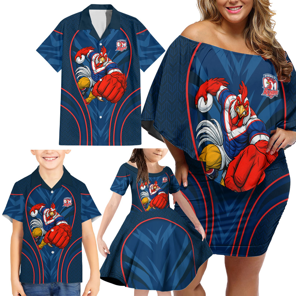Sydney Roosters Rugby Mascot Family Matching Off Shoulder Short Dress and Hawaiian Shirt Australian Rugby Culture - Tribal Inspired Rooster