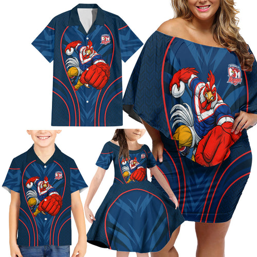 Sydney Roosters Rugby Mascot Family Matching Off Shoulder Short Dress and Hawaiian Shirt Australian Rugby Culture - Tribal Inspired Rooster