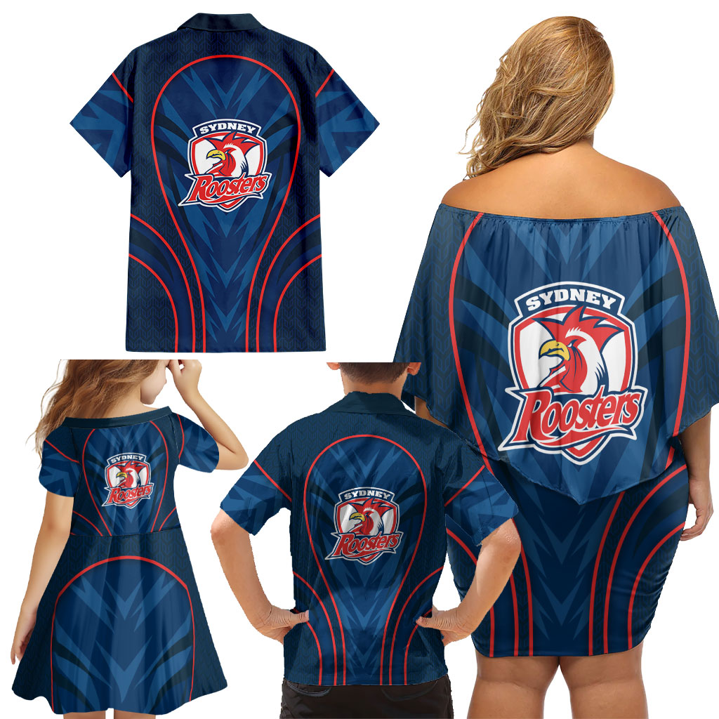 Sydney Roosters Rugby Mascot Family Matching Off Shoulder Short Dress and Hawaiian Shirt Australian Rugby Culture - Tribal Inspired Rooster