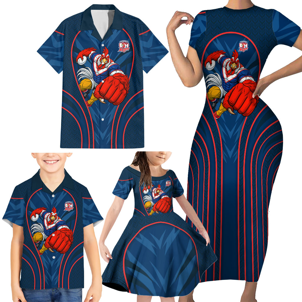 Sydney Roosters Rugby Mascot Family Matching Short Sleeve Bodycon Dress and Hawaiian Shirt Australian Rugby Culture - Tribal Inspired Rooster