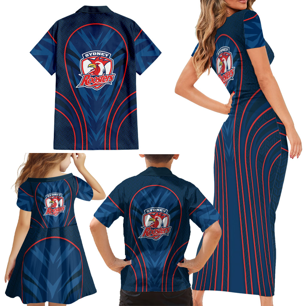 Sydney Roosters Rugby Mascot Family Matching Short Sleeve Bodycon Dress and Hawaiian Shirt Australian Rugby Culture - Tribal Inspired Rooster
