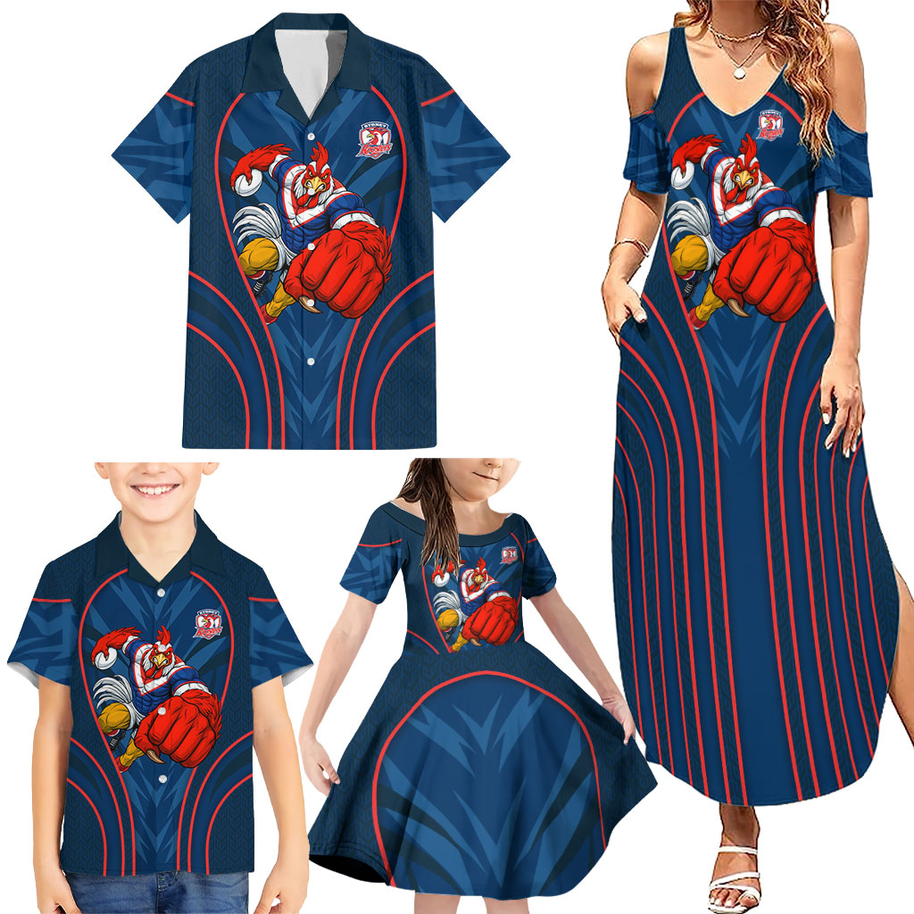 Sydney Roosters Rugby Mascot Family Matching Summer Maxi Dress and Hawaiian Shirt Australian Rugby Culture - Tribal Inspired Rooster