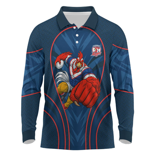 Sydney Roosters Rugby Mascot Long Sleeve Polo Shirt Australian Rugby Culture - Tribal Inspired Rooster