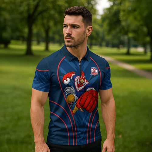 Sydney Roosters Rugby Mascot Zipper Polo Shirt Australian Rugby Culture - Tribal Inspired Rooster