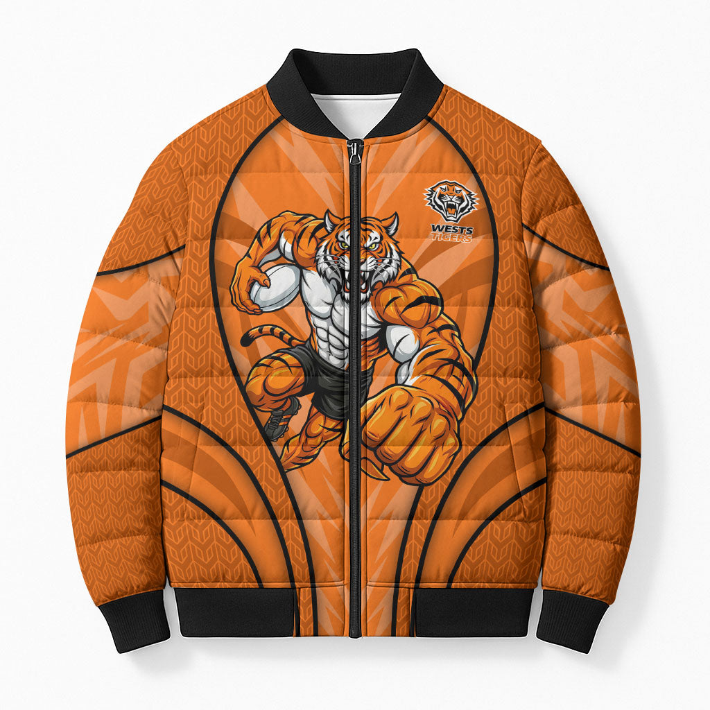 Wests Tigers Rugby Mascot Bomber Puffer Jacket Australian Rugby Culture - Tribal Inspired Tiger