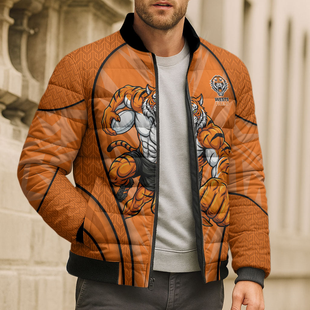 Wests Tigers Rugby Mascot Bomber Puffer Jacket Australian Rugby Culture - Tribal Inspired Tiger