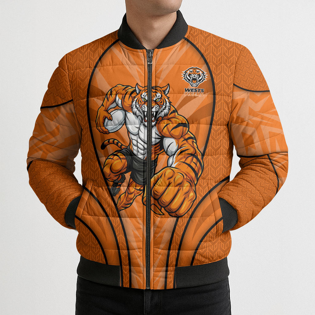 Wests Tigers Rugby Mascot Bomber Puffer Jacket Australian Rugby Culture - Tribal Inspired Tiger