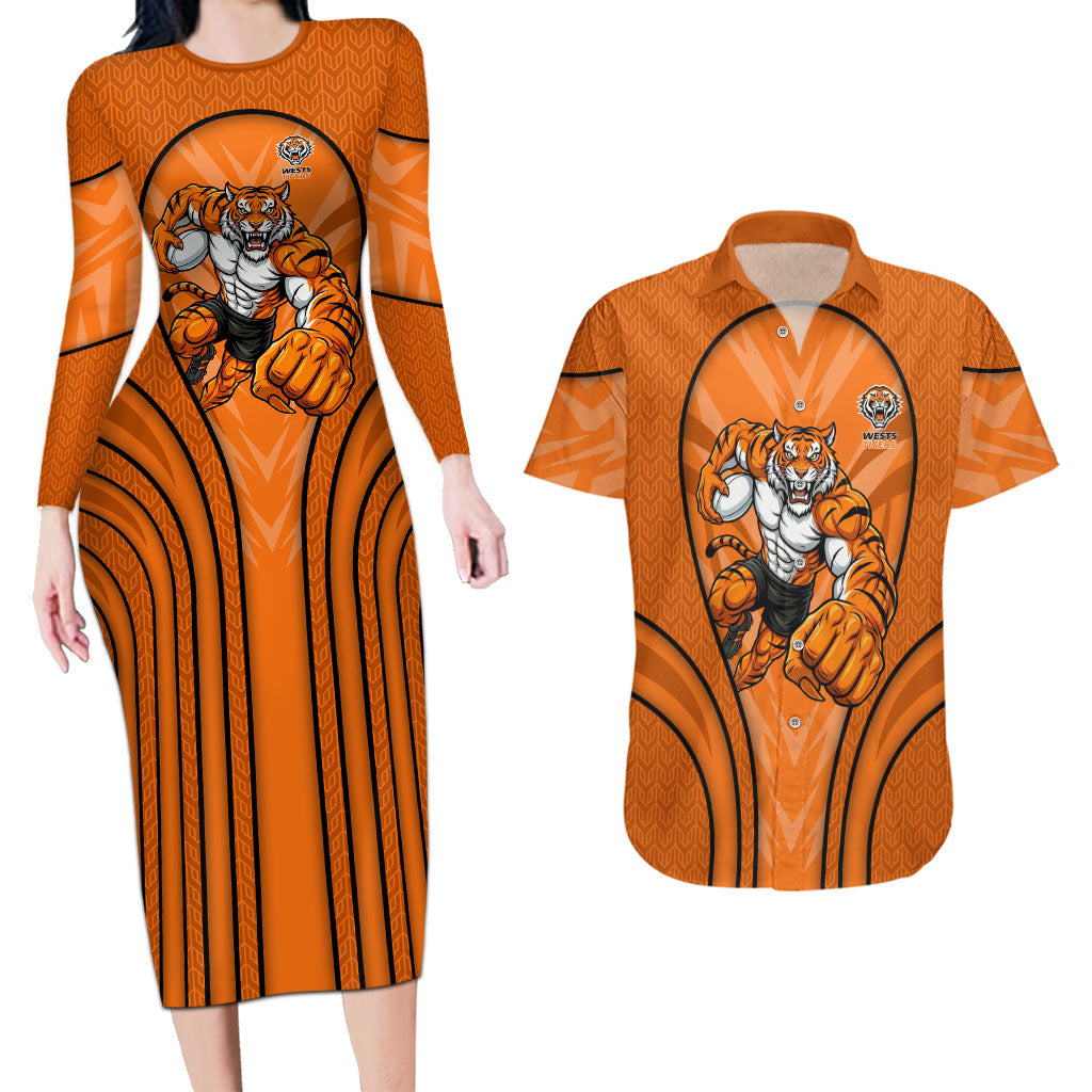 Wests Tigers Rugby Mascot Couples Matching Long Sleeve Bodycon Dress and Hawaiian Shirt Australian Rugby Culture - Tribal Inspired Tiger