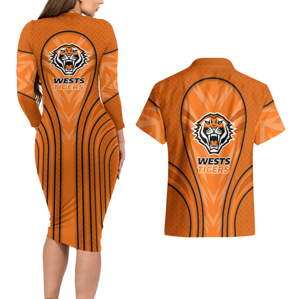 Wests Tigers Rugby Mascot Couples Matching Long Sleeve Bodycon Dress and Hawaiian Shirt Australian Rugby Culture - Tribal Inspired Tiger