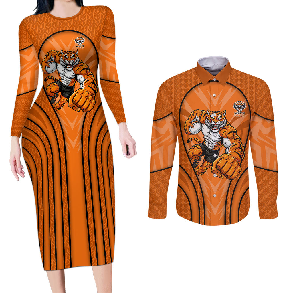 Wests Tigers Rugby Mascot Couples Matching Long Sleeve Bodycon Dress and Long Sleeve Button Shirt Australian Rugby Culture - Tribal Inspired Tiger