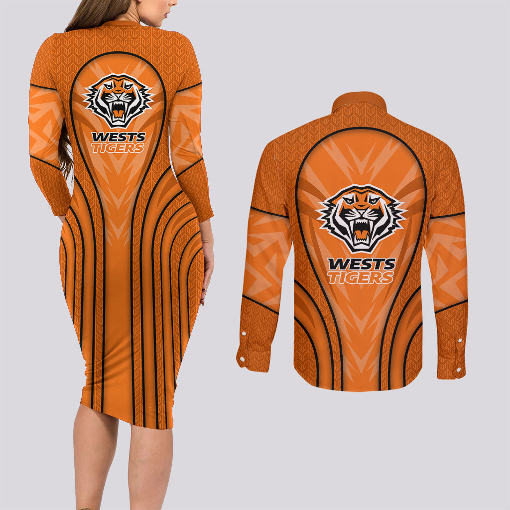 Wests Tigers Rugby Mascot Couples Matching Long Sleeve Bodycon Dress and Long Sleeve Button Shirt Australian Rugby Culture - Tribal Inspired Tiger