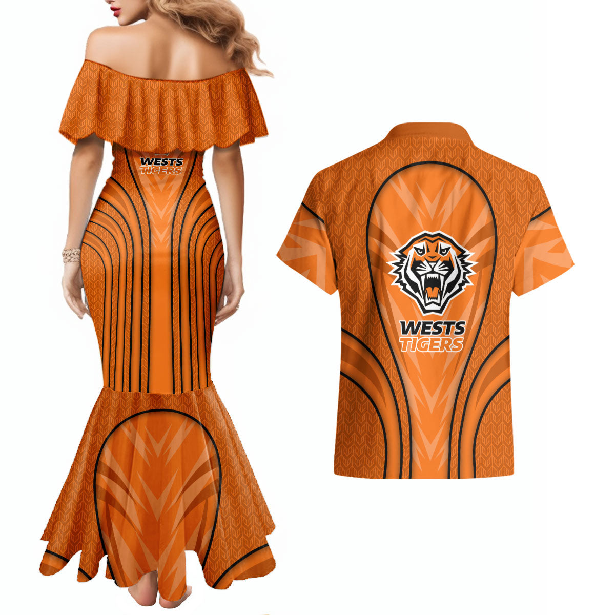 Wests Tigers Rugby Mascot Couples Matching Mermaid Dress and Hawaiian Shirt Australian Rugby Culture - Tribal Inspired Tiger