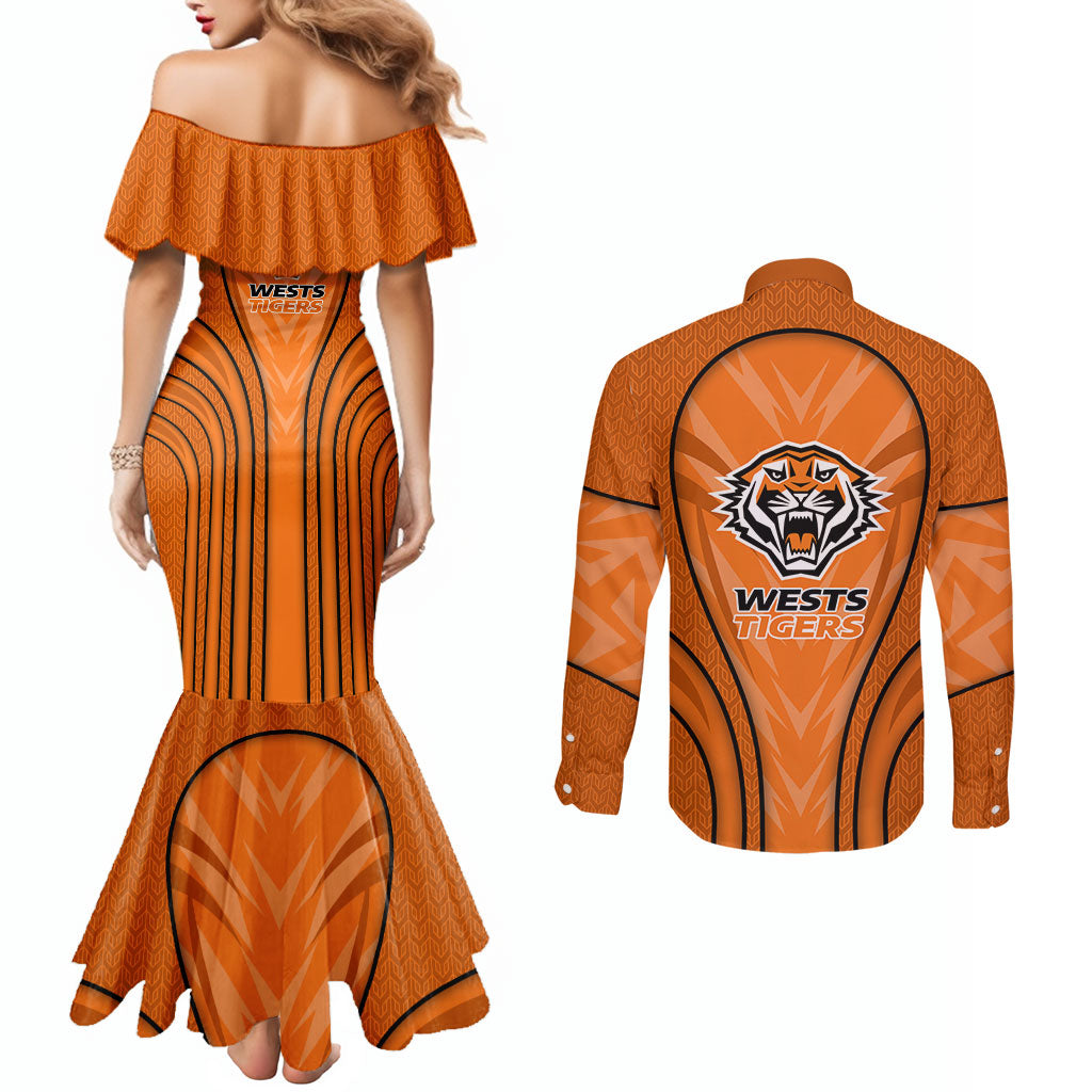 Wests Tigers Rugby Mascot Couples Matching Mermaid Dress and Long Sleeve Button Shirt Australian Rugby Culture - Tribal Inspired Tiger