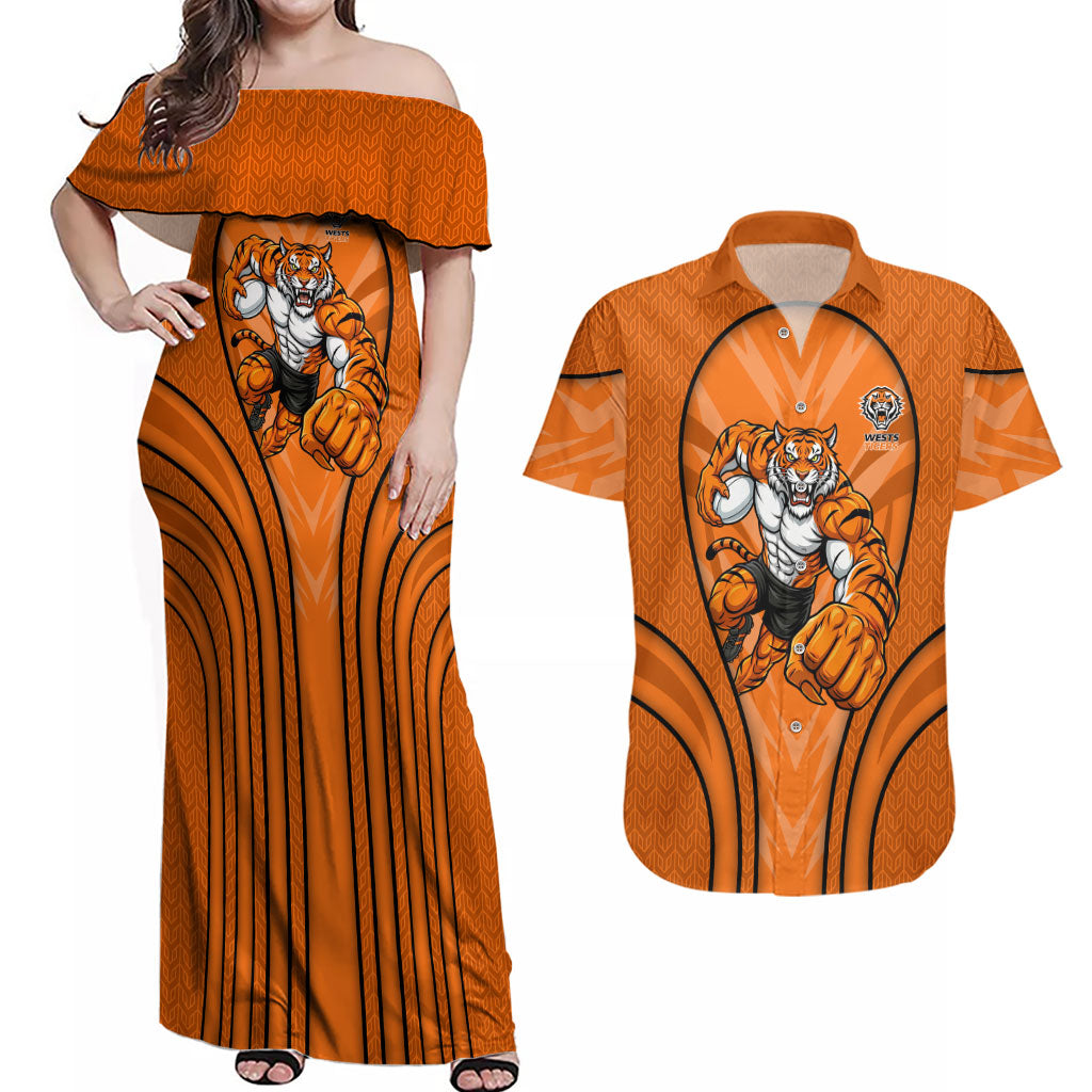 Wests Tigers Rugby Mascot Couples Matching Off Shoulder Maxi Dress and Hawaiian Shirt Australian Rugby Culture - Tribal Inspired Tiger