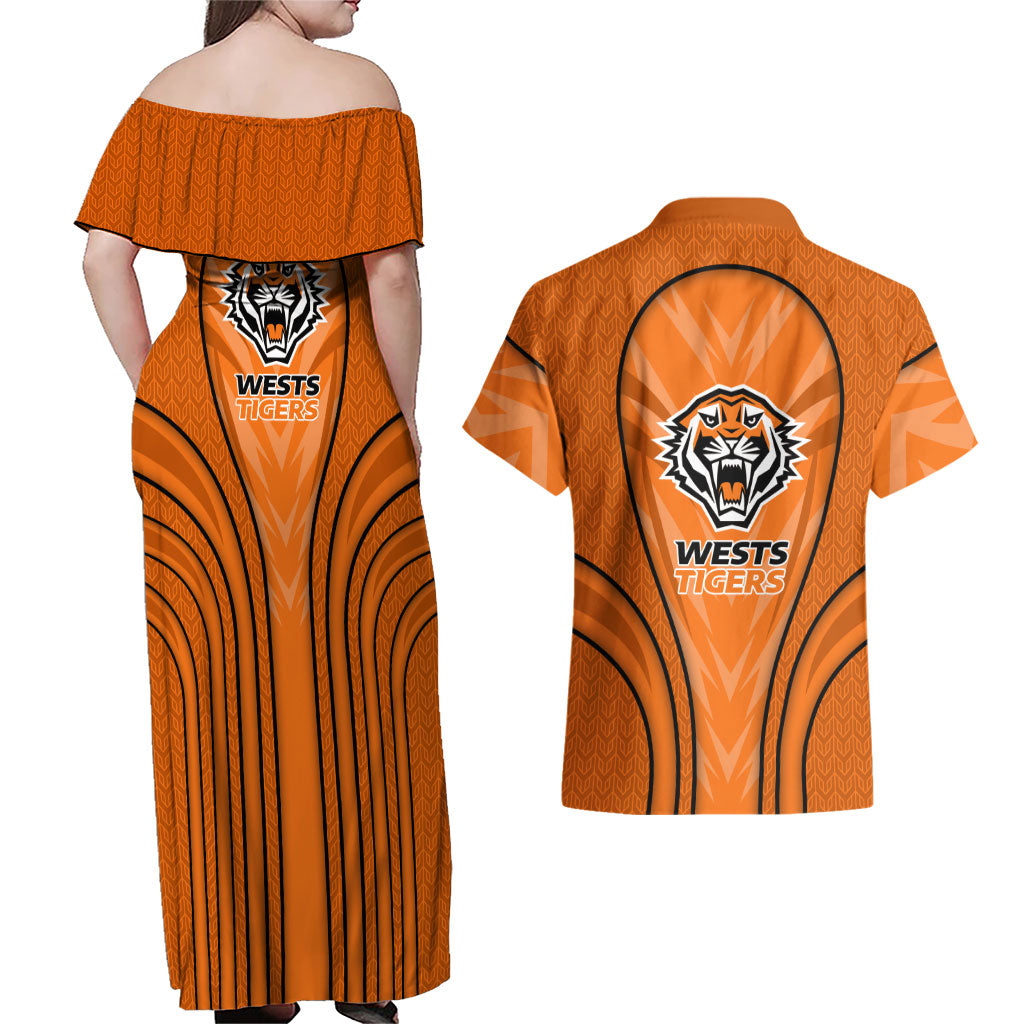 Wests Tigers Rugby Mascot Couples Matching Off Shoulder Maxi Dress and Hawaiian Shirt Australian Rugby Culture - Tribal Inspired Tiger