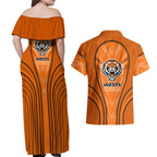 Wests Tigers Rugby Mascot Couples Matching Off Shoulder Maxi Dress and Hawaiian Shirt Australian Rugby Culture - Tribal Inspired Tiger