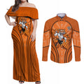 Wests Tigers Rugby Mascot Couples Matching Off Shoulder Maxi Dress and Long Sleeve Button Shirt Australian Rugby Culture - Tribal Inspired Tiger