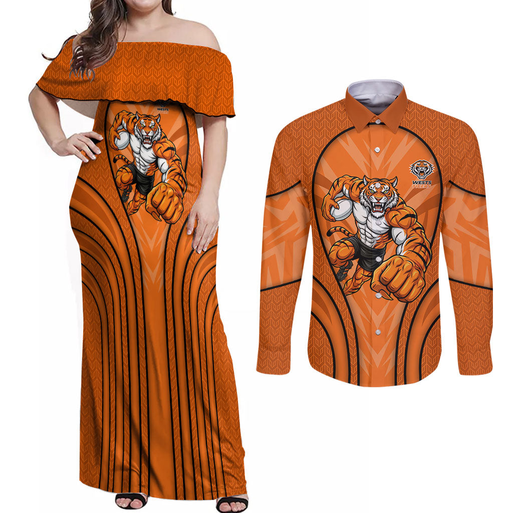 Wests Tigers Rugby Mascot Couples Matching Off Shoulder Maxi Dress and Long Sleeve Button Shirt Australian Rugby Culture - Tribal Inspired Tiger