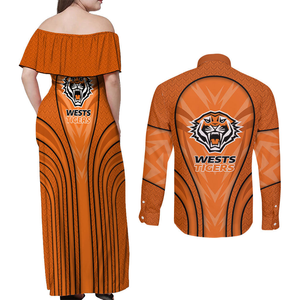 Wests Tigers Rugby Mascot Couples Matching Off Shoulder Maxi Dress and Long Sleeve Button Shirt Australian Rugby Culture - Tribal Inspired Tiger