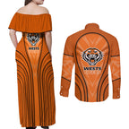 Wests Tigers Rugby Mascot Couples Matching Off Shoulder Maxi Dress and Long Sleeve Button Shirt Australian Rugby Culture - Tribal Inspired Tiger
