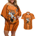 Wests Tigers Rugby Mascot Couples Matching Off Shoulder Short Dress and Hawaiian Shirt Australian Rugby Culture - Tribal Inspired Tiger
