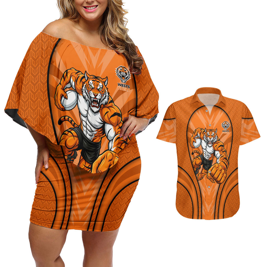 Wests Tigers Rugby Mascot Couples Matching Off Shoulder Short Dress and Hawaiian Shirt Australian Rugby Culture - Tribal Inspired Tiger
