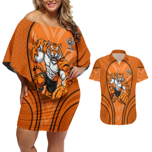 Wests Tigers Rugby Mascot Couples Matching Off Shoulder Short Dress and Hawaiian Shirt Australian Rugby Culture - Tribal Inspired Tiger