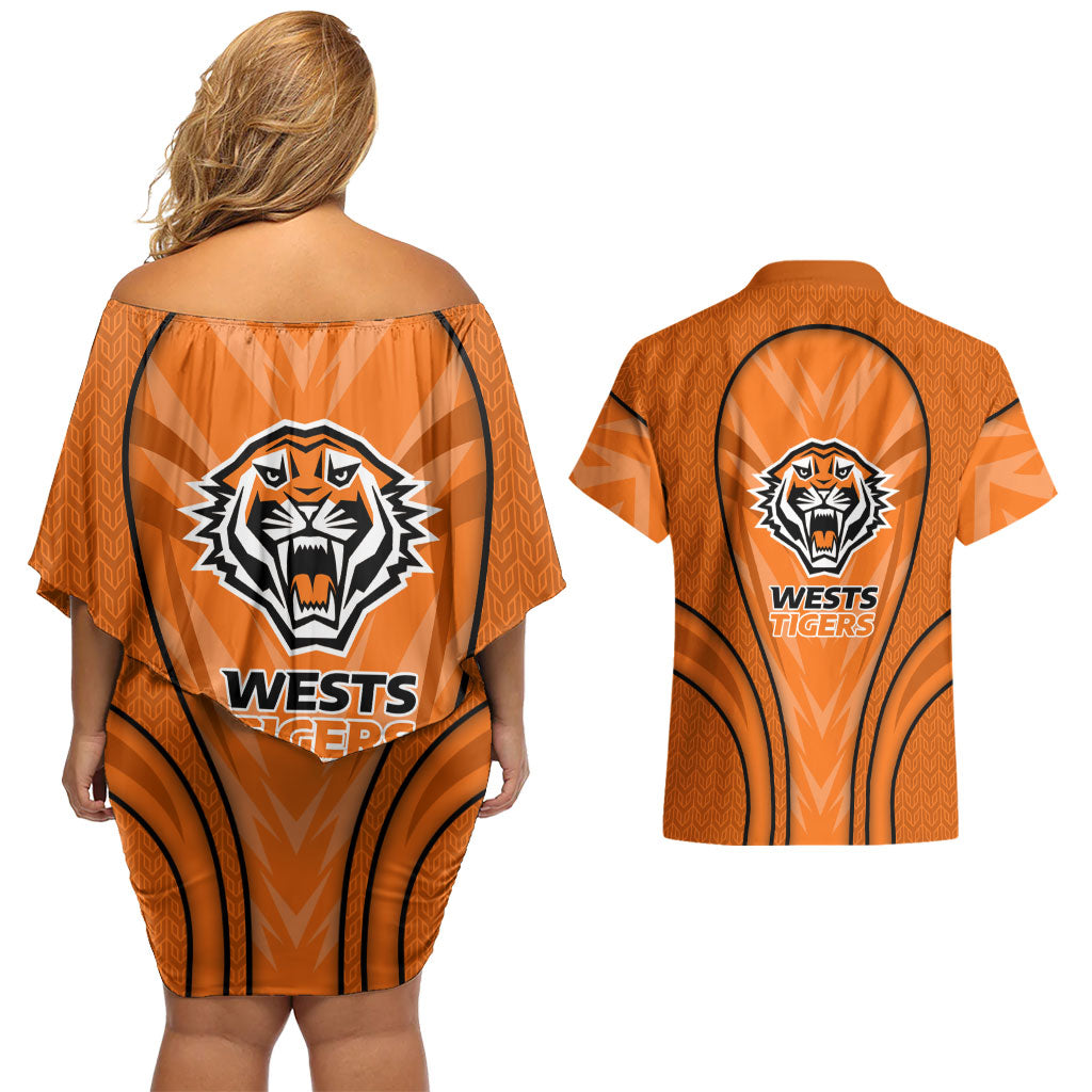 Wests Tigers Rugby Mascot Couples Matching Off Shoulder Short Dress and Hawaiian Shirt Australian Rugby Culture - Tribal Inspired Tiger