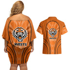 Wests Tigers Rugby Mascot Couples Matching Off Shoulder Short Dress and Hawaiian Shirt Australian Rugby Culture - Tribal Inspired Tiger