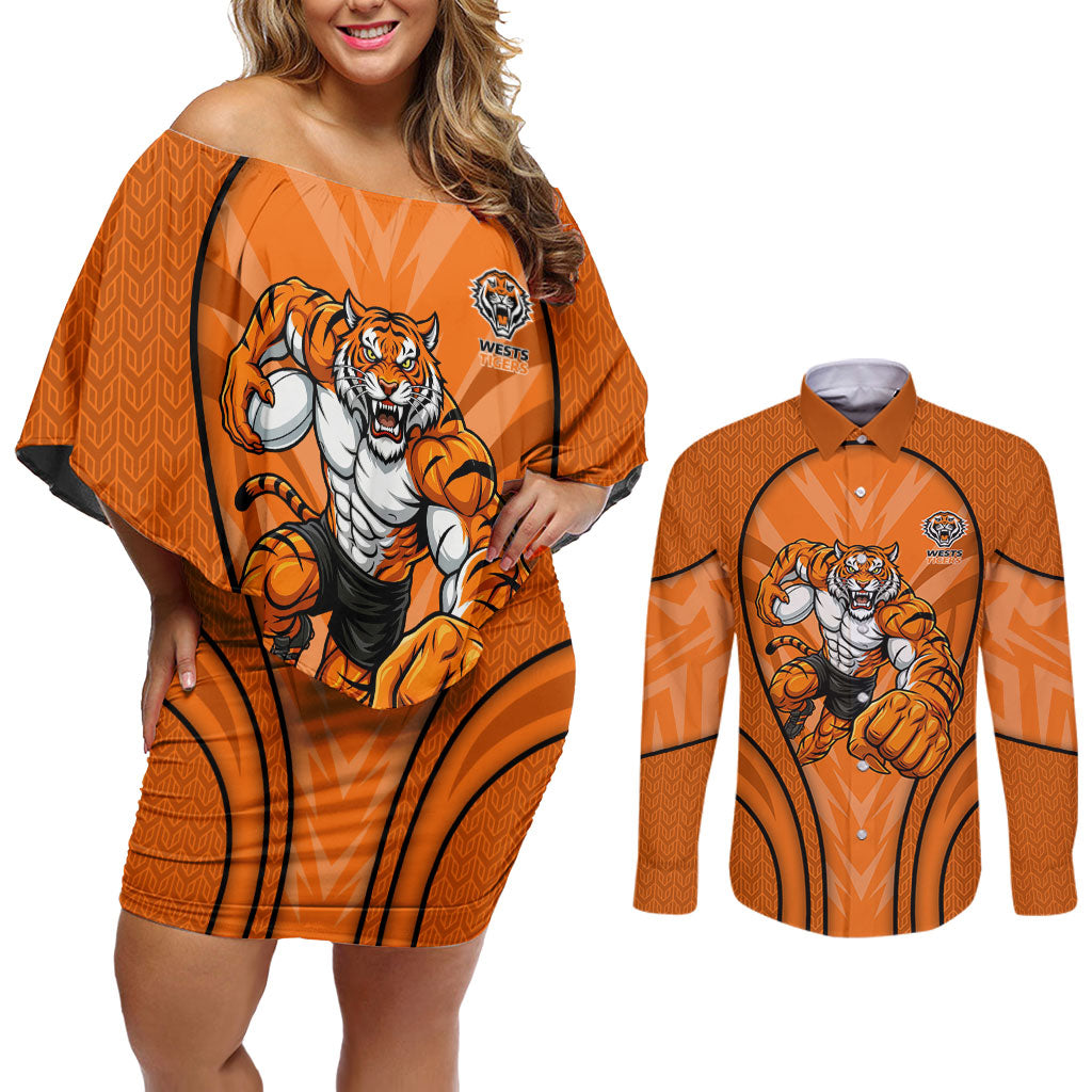 Wests Tigers Rugby Mascot Couples Matching Off Shoulder Short Dress and Long Sleeve Button Shirt Australian Rugby Culture - Tribal Inspired Tiger